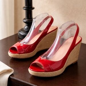 Via Spiga Red Patent Peep-Toe Espadrille Wedges with Slingback